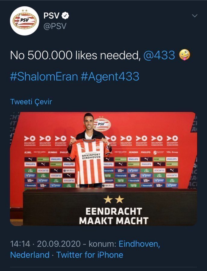 PSV'den Eran Zahavi göndermesi